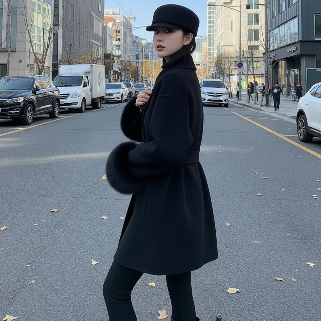 Manteau court femme en laine et fourrure