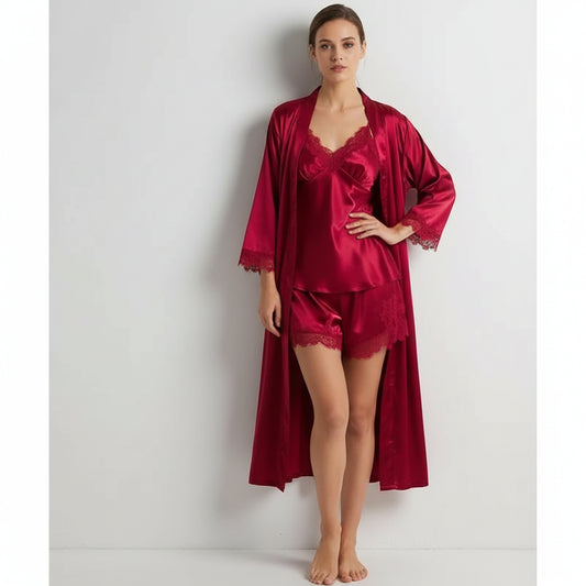 Pyjama satin rouge sexy – set 5 pièces