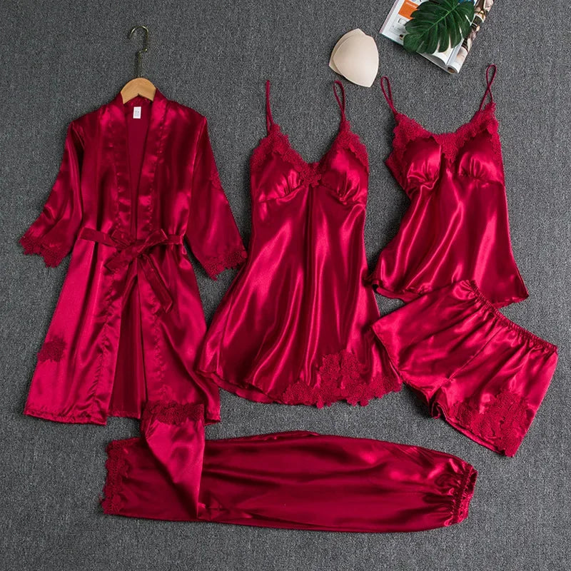 Pyjama satin rouge sexy – set 5 pièces