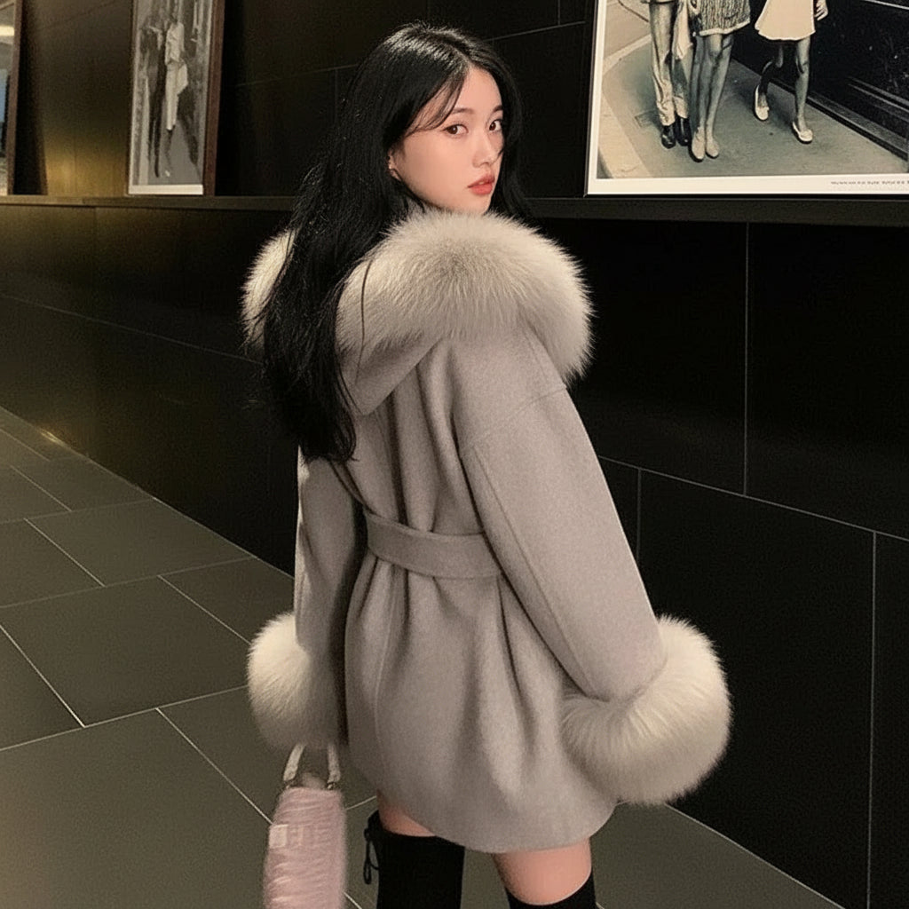 Manteau court femme en laine et fourrure