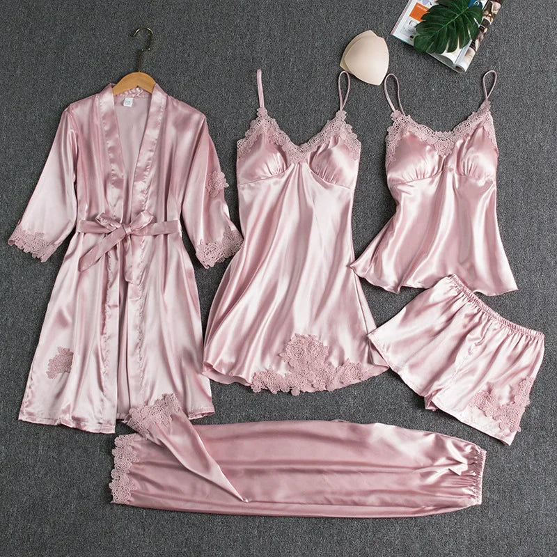 Pyjama satin rouge sexy – set 5 pièces