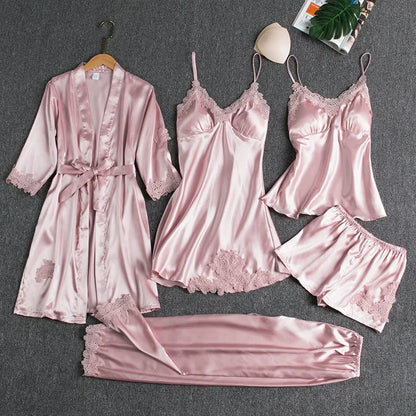 Pyjama satin rouge sexy – set 5 pièces