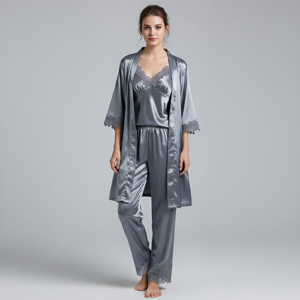 Pyjama satin rouge sexy – set 5 pièces